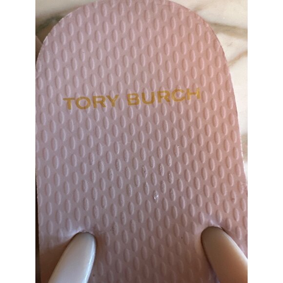 Tory Burch Womens Flip Flops Size 7.5 Pink Rubber Gold Logo Summer Resort - Picture 5 of 6